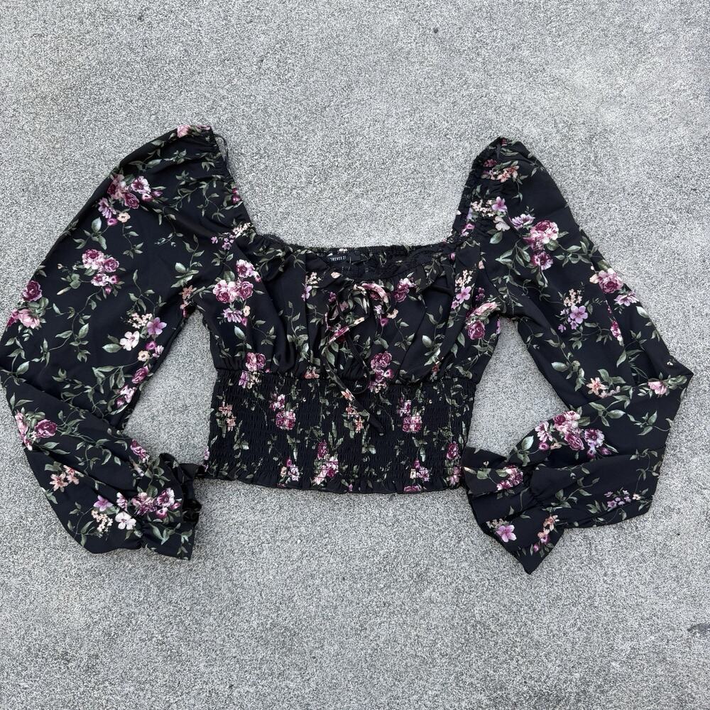 Forever 21 Top Large Black Long Sleeve Crop Floral Off Shoulder Blouse Romantic